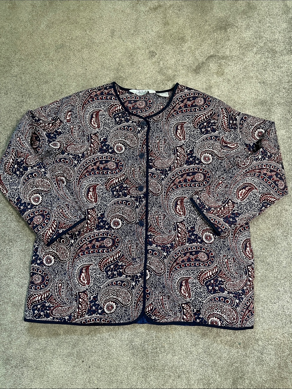 Vintage Habrand Quilted Paisley Jacket size Large Red White Navy Blue